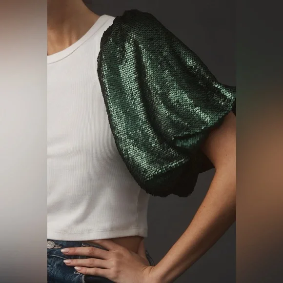 ✨ NWOT Anthropologie Emerald Sequin Sleeves - Picture 2 of 8